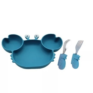 Set diversificare din silicon, platou cu furculita si lingura, vesela mic dejun, pranz, cina, model crab, albastru, bebeLOGIC