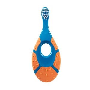 Periuta de dinti cu inel gingival pentru bebelusi 0-2 ani, sigura si robusta, peri extra moi, portocaliu - albastru, bebeLOGIC 