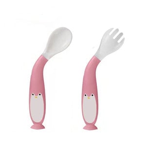 Set tacamuri lingurita si furculita de antrenament hranire pentru bebelusi si copii, flexibila, model pinguin, roz, bebeLOGIC