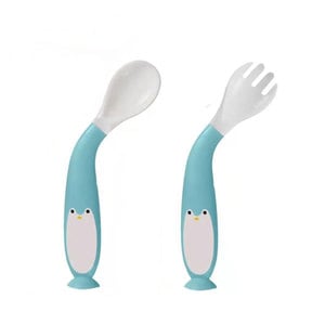 Set tacamuri lingurita si furculita de antrenament hranire pentru bebelusi si copii, flexibila, model pinguin, verde, bebeLOGIC 