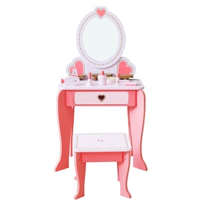 Set de toaleta pentru copii cu masuta si scaun DacEnergy, fabricat din MDF si lemn, cu sertare, cu oglinda, accesorii incluse, 49 x34 x97 cm, roz inchis