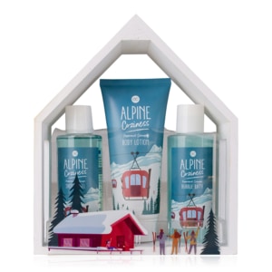 Set cadou cosmetice Craciun Accentra ALPINE COZINESS gel 150ml, spuma 150ml, lotiune 150ml, intr-o forma casa din lemn