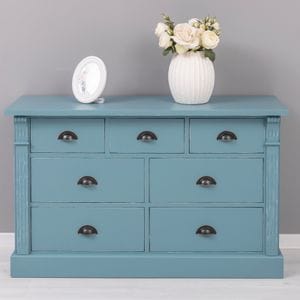 Comoda living Directoire, lemn masiv, 122 x 41 x 75 cm, turcoaz antichizat