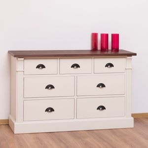 Comoda living Directoire, lemn masiv, 122 x 41 x 75 cm, alb-maro deschis