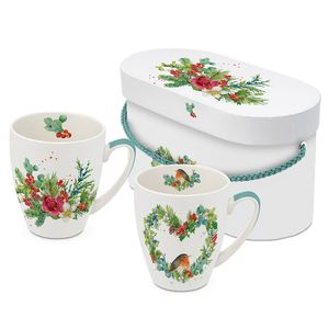 Set 2 cani portelan pentru ceai cafea Flori de Craciun 350ml cutie cadou