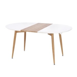 Masa bucatarie extensibila DacEnergy, realizat din MDF, structura din metal, 6 persoane, ovala, 160 / 200 x 90 x 77 cm, finisaj alb si stejar san remo