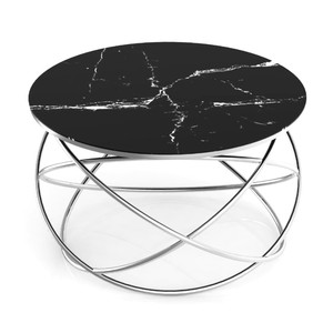 Masuta de cafea DacEnergy, cadru metalic nichelat, sticla neagra cu aspect marmorat, design unic, atractiv, forma rotunda, fixa, 75 x 45 cm, argintiu
