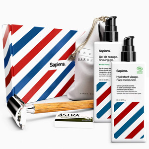 Set cadou Sapiens pentru barbierit si ingrijire fata cu aparat clasic, gel de ras si crema hidratanta after shave