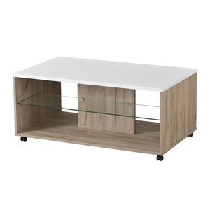 Masuta de living DacEnergy, material PAL melaminat, MDF infoliat, sticla, doua rafturi, stejar gri si folie lucioasa alba, 101 x 60 x 45 cm, 1C