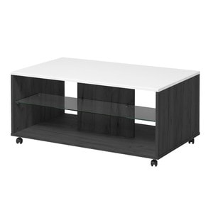Masuta cafea DacEnergy, material PAL melaminat, aspect de lemn negru, blat din MDF, folie lucioasa alba, polita din sticla transparenta, forma dreptunghiulara, 101 x 60 x 45 cm, 1C