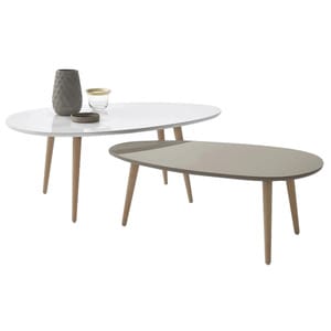 Set 2 masute de cafea DacEnergy, realizata din MDF si lemn masiv de pin, forma ovala, finisaj alb si gri si natur, 98 x 60 x 40 cm