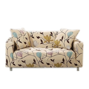 Husa elastica universala pentru canapea si pat, cu 2 fete de perna, crem cu flori, 90 x 140 cm