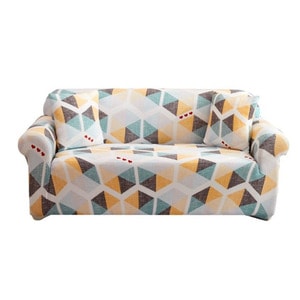 Husa elastica universala pentru canapea si pat, cu 2 fete de perna, crem cu figuri geometrice, 90 x 140 cm