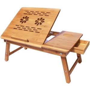 Masuta pentru Laptop sau Mic Dejun la Pat din Lemn de Bambus cu Orificii Ventilare si Sertar, Reglabila, Pliabila, Blat 55x35 cm