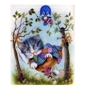 Tablou GM219, Pisicuta somnoroasa, cu rama de lemn, Pictura cu Diamante, Goblen cu pietre 5D, 20 x 30 cm