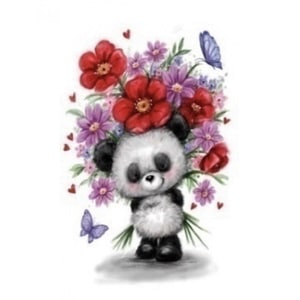 Tablou GM215, Panda cu flori, cu rama de lemn, Pictura cu Diamante, Goblen cu pietre 5D, 20 x 30 cm