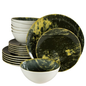 Set Complet Serviciu De Masa, Forest, 18 piese, Cesiro, Alb Ivoire lucios cu verde