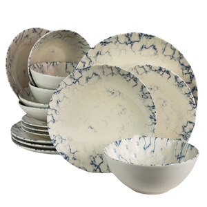 Set Complet Serviciu De Masa, Marble, 16 piese, Cesiro, Alb Ivoire cu albastru