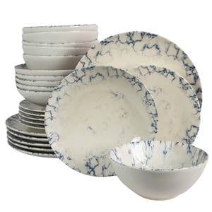 Set Complet Serviciu De Masa, Marble, 24 piese, Cesiro, Alb Ivoire cu albastru