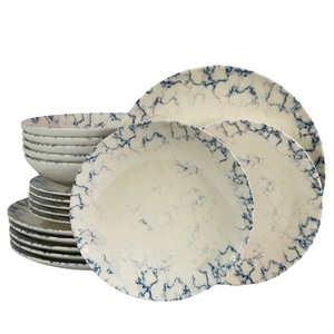 Set Complet Serviciu De Masa, Marble, 18 piese, Cesiro, Alb Ivoire cu albastru
