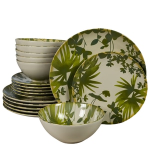 Set Complet Serviciu De Masa, Hawaii, 18 piese, Cesiro, Alb ivoire decorat cu frunze verzi