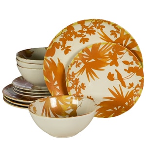 Set Complet Serviciu De Masa, Hawaii, 12 piese, Cesiro, Alb Ivoire decorat cu frunze portocalii