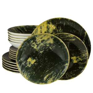 Set Complet Serviciu De Masa, Forest, 18 piese, Cesiro, Alb Ivoire cu verde