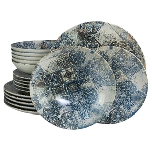 Set Complet Serviciu De Masa, Blue Tiles, 18 piese, Cesiro, Alb Ivoire cu Albastru