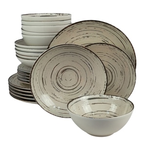 Set Complet Serviciu De Masa, Stone, 24 piese, Cesiro, Alb Ivoire cu negru