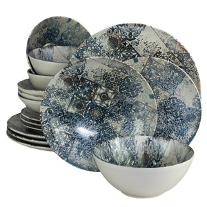 Set Complet Serviciu De Masa, Blue Tiles, 16 piese, Cesiro, Alb Ivoire/Albastru