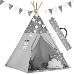 Cort de joaca pentru copii DacEnergy, cadru din lemn, forma de cort indian, 3 perne, un covor izolant gros, cu lumini, cu ghirlande, 120x120x165 cm, gri cu stelute
