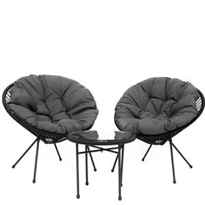 Set mobilier terasa, 2 scaune cu perna si masa cu blat de sticla, metal si ratan artificial, 85x71x85 cm (scaun) 50x44 (masa)