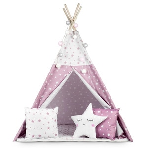 Cort de joaca pentru copii DacEnergy, cadru din lemn, forma de cort indian, 3 perne, un covor izolant gros, cu lumini, 120x120x165 cm, cu stele, roz