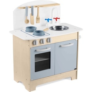 Set bucatarie copii DacEnergy,din lemn, cu oala, tigaie, lingura, spatula si cutit, natur si gri, 48,5 x 28 x 70 cm