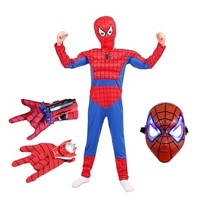 Set costum Ultimate Spiderman IdeallStore pentru copii, 100% poliester, 110-120 cm, manusa ventuze, discuri si masca LED