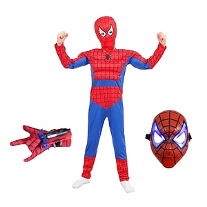 Set costum Ultimate Spiderman IdeallStore pentru copii, 100% poliester, 110-120 cm, rosu, manusa ventuze si masca LED