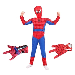 Set costum Ultimate Spiderman IdeallStore pentru copii, 100% poliester, 110-120 cm, rosu, manusa ventuze si discuri