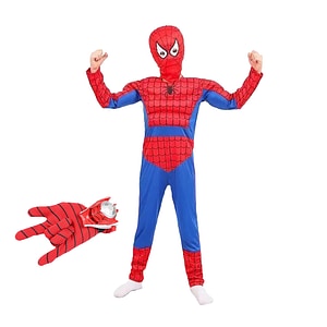 Set costum Ultimate Spiderman IdeallStore pentru copii, 100% poliester, 110-120 cm, rosu si manusa cu discuri