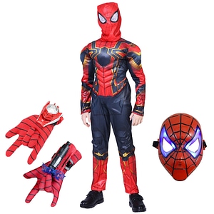 Set costum Iron Spiderman IdeallStore, New Era, rosu, 5-7 ani, manusa cu ventuze, discuri si masca