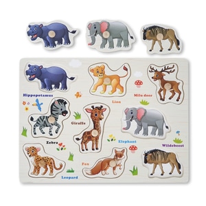 Puzzle Incastru Cu Animale Salbatice Cu Buton Si Imagini, Din Lemn