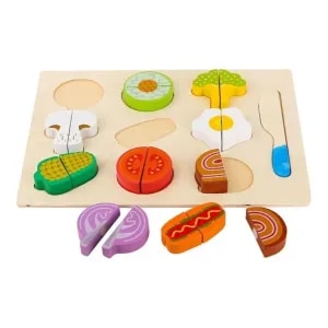 Set 10 piese puzzle incastru cu alimente de taiat Pranzul cu Legume, Ou si Desert