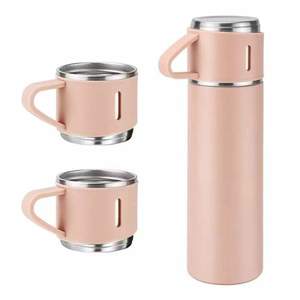 Set Sticla Termos SIKS cu interior din Inox Cu 2 Cani Extra, Cu Perete Dublu, Inchidere Ermetica, Rezistent la Rugina si la Scurgeri, Capacitate 500 ml, Roz