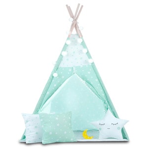 Cort de joaca pentru copii DacEnergy, cadru din lemn, forma de cort indian, 3 perne, un covor izolant gros, cu lumini, 120x120x165 cm, menta cu stele
