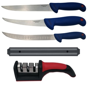 Set de macelarie IdeallStore, cutit bucatarie, filetat, suport magnetic si ascutitoare, otel inoxidabil