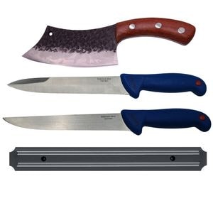 Set pentru macelarie IdeallStore, cutite bucatarie, injunghiat si suport magnetic, otel inoxidabil