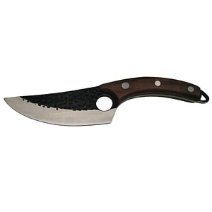 Cutit de macelarie IdeallStore, lucrat manual, maner lemn, 27 cm, maro, teaca piele inclusa