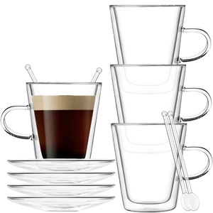 Set 4 cani si 4 farfurioare si 4 lingurite, Quasar & Co., model drept, cu pereti dubli, termorezistente, farfurioara 10.5 cm, sticla borosilicata, 250 ml, transparent