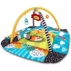 Salteluta interactiva 3in1, pliere usoara, arcada cu jucarii, tarc, covor, perna, 100x100 cm, model vulpe, multicolor