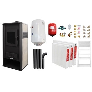 Pachet incalzire si apa calda pentru 2 camere Termosemineu pe lemne, brichete si carbune Fornello Roma E, Ivory, 22 kW, 49x45x103 cm, boiler termoelectric 100l, vas expansiune, pompa circulatie, kit evacuare, calorifere si kit montaj 