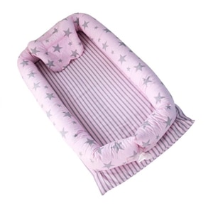 Set patut portabil bebe baby nest cu lenjerie, perna, bumper protectie anti-alunecare, roz cu stelute, buz